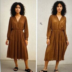 Vince Brown Long-Sleeve V-Neck Tiered Midi Dress